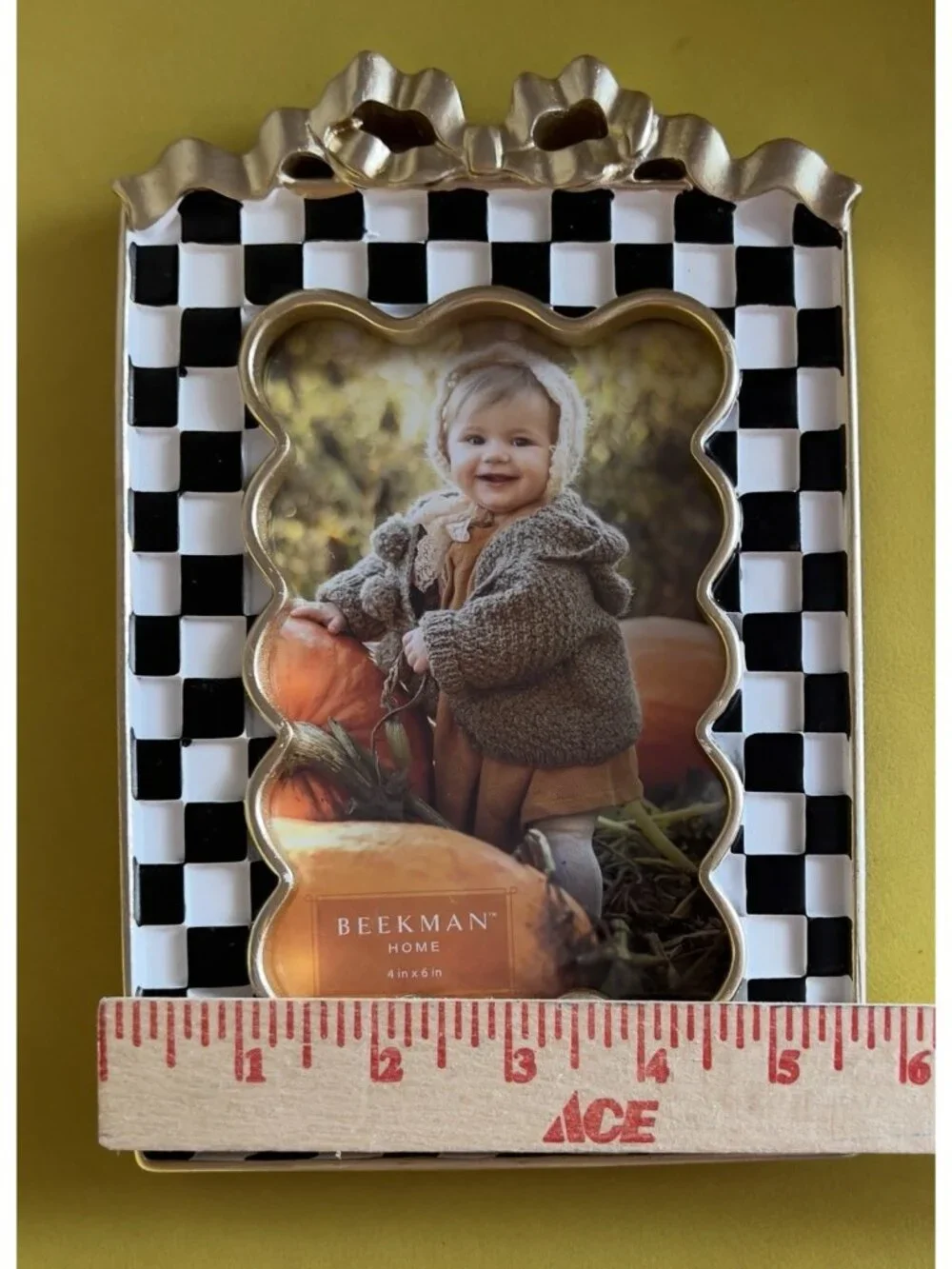 Scalloped 4 X 6 Photo Frame COURTLY CHECK Black White Gold Bow Portrait Acrylic